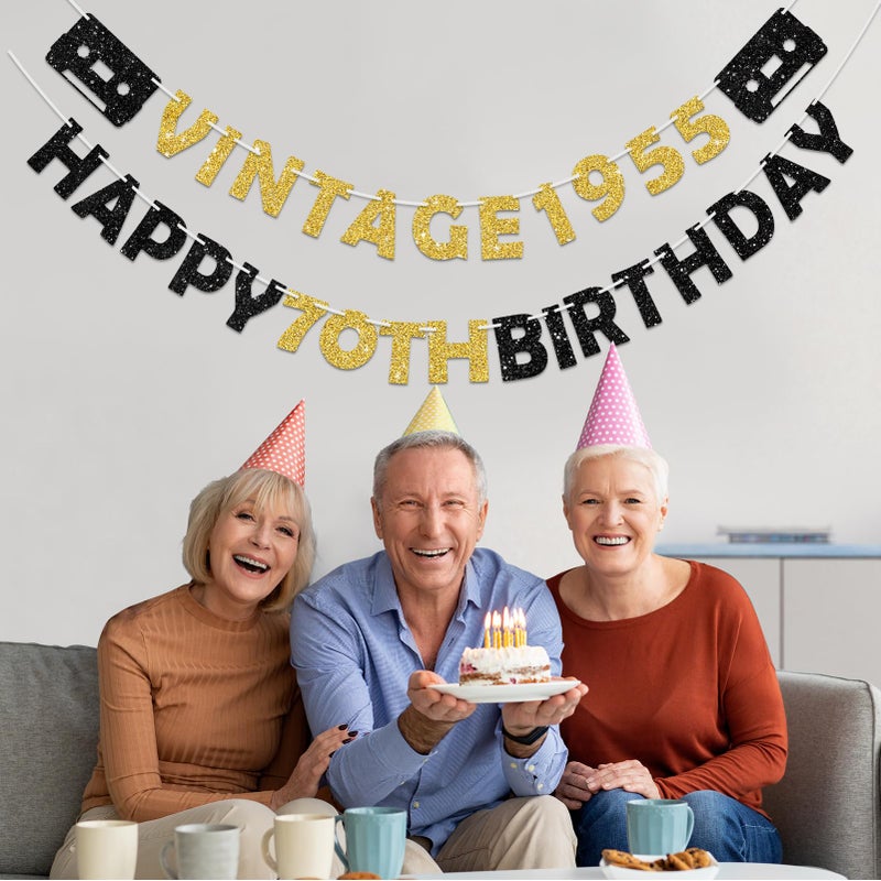 Eucutur Pre-Strung Black Gold 70th Birthday Banner Decoration for Men Women, Glitter Vintage 1955 Happy 70th Birthday Party Supplies, Cheers to 70 Years Old Bday Party Decor Sign - Image 5